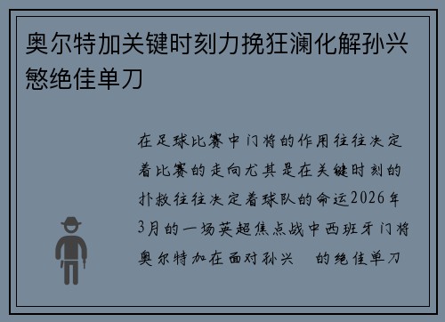奥尔特加关键时刻力挽狂澜化解孙兴慜绝佳单刀 奥尔特加关键时刻力挽狂澜化解孙兴慜绝佳单刀